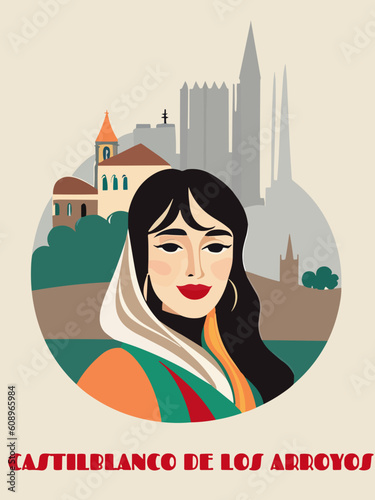 Castilblanco de los Arroyos: Beautiful vintage-styled poster with a woman and the name Castilblanco de los Arroyos in Andalusia photo