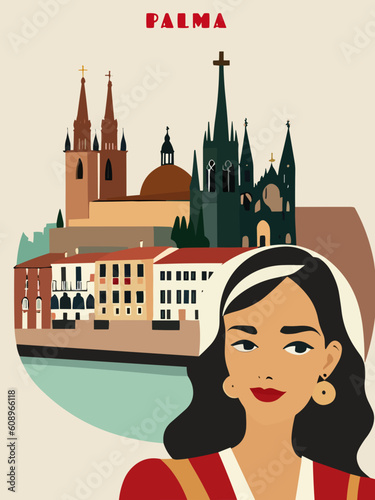 Palma: Beautiful vintage-styled poster with a woman and the name Palma in Balearic Islands