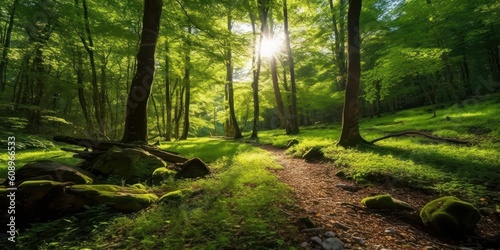 A scenic of green nature forest with beautiful sun light background. Generative Ai