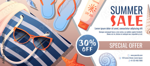 Summer banner with beach accessories. Discount coupon, special summer offer. Background, flyer with seashells, bag, sunscreen
