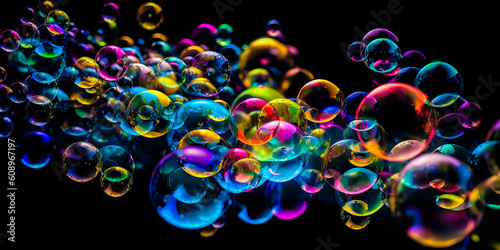 Flying soap bubbles isolated on black background. Ai generated photo