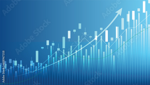 economy situation concept. Financial business statistics with bar graph and candlestick chart show stock market price and currency exchange on blue background