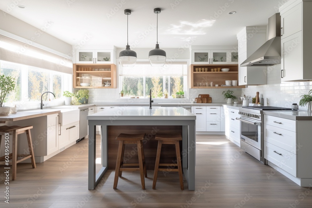 Bright, Spacious and Modern Farmhouse Style Kitchen Created with Generative AI Bright, Spacious and Modern Farmhouse Style Kitchen Created with Generative AI