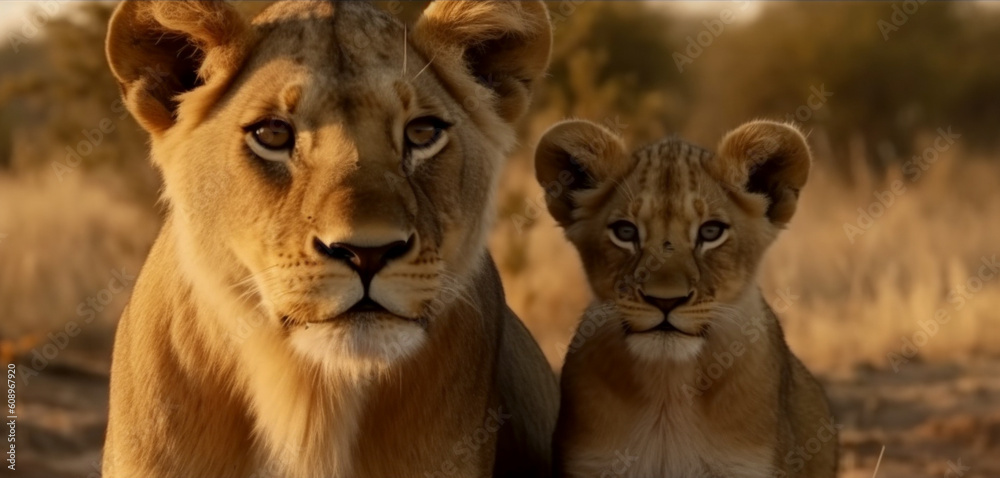Lion and cub hunter love in Kruger NP South African. Generative AI.