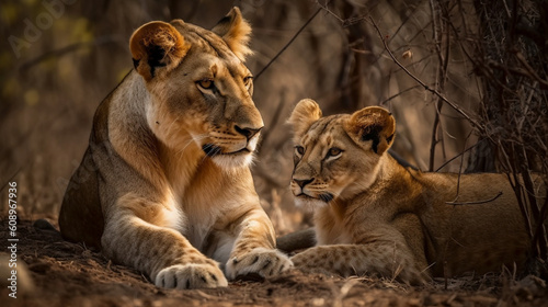 Lion and cub hunter love in Kruger NP South African. Generative AI. © Gassenee