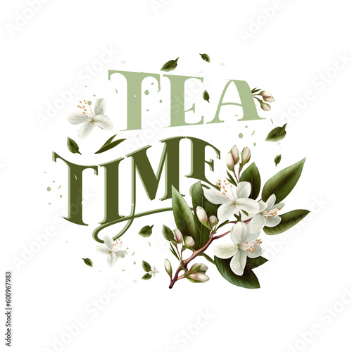 Tea time. Beautiful realistic illustration of blooming branch of jasmine tree. White jasmine flowers. For print, packaging, cards, designers, clothes, interior, icon, logo, tattoo