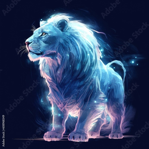 Dominant pose of an adult lion attentive to the predator with blue effects Generative AI Illustration