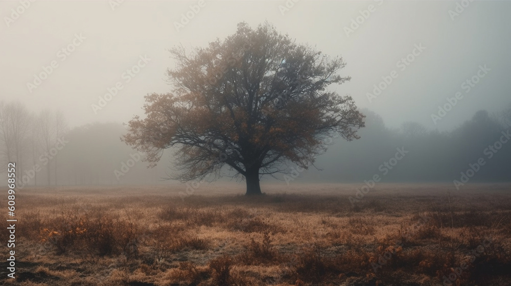 View of dried autumn tree on landscape of foggy forest. Generative AI.
