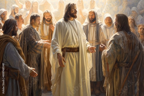 Leinwand Poster Painting of Jesus together with the disciples and the crowd in prayer to the Fat