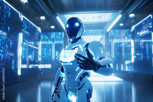 futuristic concept of humanoid robot. holographic interface. high-tech laboratory. generative ai
