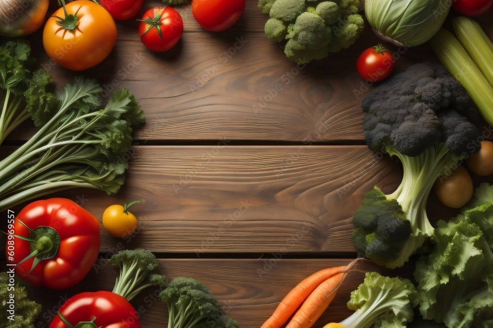 Fresh vegetable background, empty space at the center, mixed vegetable background. Generative AI.