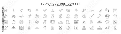 Farm, Farming, Agriculture - thin line web icon set. Set of icons. Growing seedlings plant shoots. Agriculture and gardener. Farmer icons set.