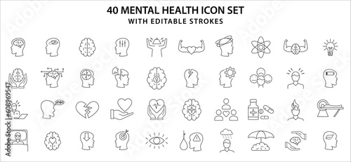 Psychology and mental line icons collection. Mental health icon set. Thin outline icons pack. Editable stroke. Vector illustration.