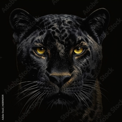 Portrait of a black leopard with yellow eyes on a black background photo