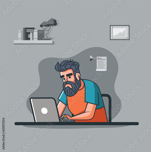 handsome man with laptop working from home cartoon style illustration