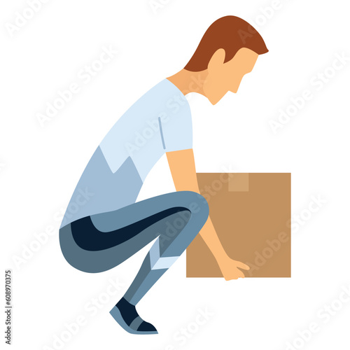 Lifting technique safe movement. Safety. Correct instruction for moving heavy packages for workers. Ergonomic movement for loading objects vector flat illustration