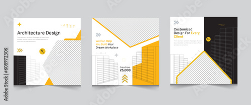 Set of editable minimal architecture social media post, black and white square banner template, vector illustration eps 10