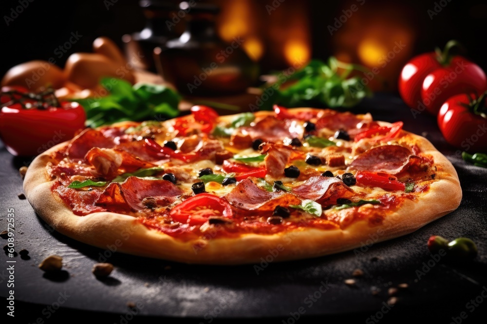 delicious meat pizza on board , AI Generated delicious meat pizza on board , AI Generated