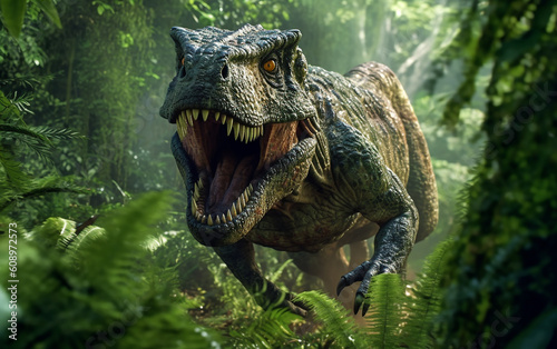 Terranosaurus. T. Rex. Witness a breathtaking illustration of a dinosaur charging through the forest.   Generative AI