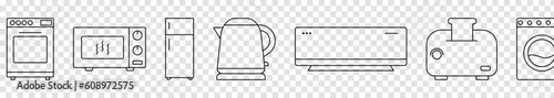 Kitchen appliances line icons set. Convection oven, microwave, fridge, kettle, air conditioner, toaster, washing machine