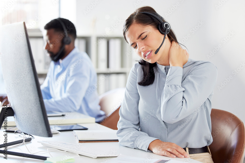Call center, neck pain and woman with injury in office, arthritis or fibromyalgia. Sales agent, spine problem and person with burnout, muscle fatigue and tired, stress and emergency after accident. Call center, neck pain and woman with injury in office, arthritis or fibromyalgia. Sales agent, spine problem and person with burnout, muscle fatigue and tired, stress and emergency after accident.