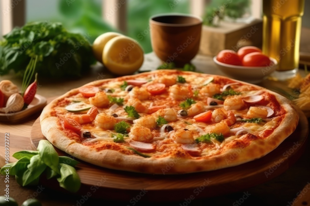 delicious pizza on restaurant table, near window , AI Generated delicious pizza on restaurant table, near window , AI Generated