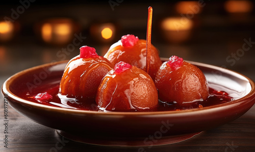 Gulab Jamun with almond and saffron served in white bowl photo