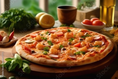 delicious pizza on restaurant table, near window , AI Generated