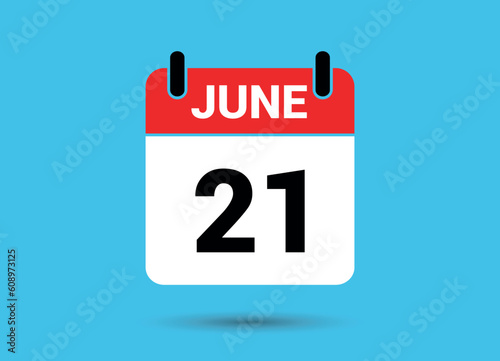 21 June Calendar Date Flat Icon Day 21 Vector Illustration