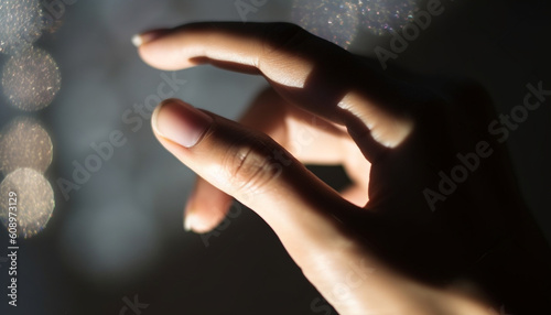 Close up of hand of the person, side view of female hand point in the dark on an isolated black background, generative ai