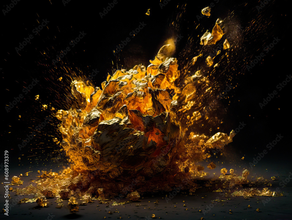 3d rendering of explosion of gold particles. Explosion of golden cubes. Ai generated