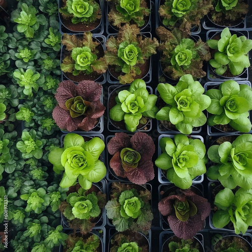 green lettuce leaves growing in a greenhouse top view, agricultural background with green lettuce plants