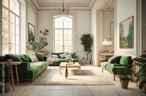 a living room of white walls and green furniture