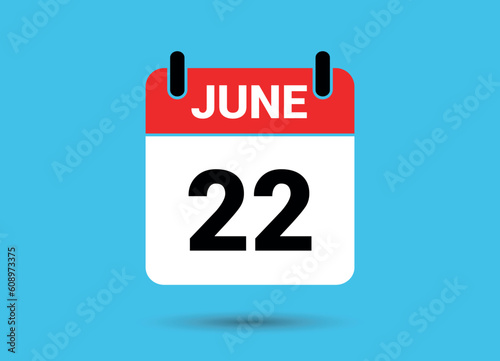 22 June Calendar Date Flat Icon Day 22 Vector Illustration