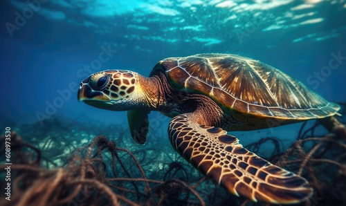 Plastic Pollution In Ocean - Turtle Eat Plastic Bag - Environmental Problem © STORYTELLER AI