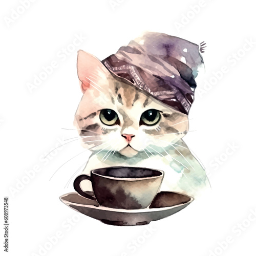 Turkish Cat with coffee cup. Muslim cat with turban. Watercolor Vector illustration for coffee houses. Isolated on white background. Can be used for menu, logo or flyer, greeting card, design t-shirt