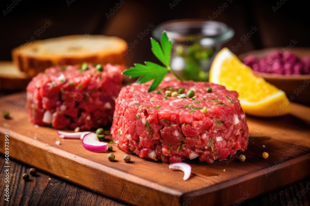 Beef steak tartare with greenery and vegetables. AI Generated Beef steak tartare with greenery and vegetables. AI Generated