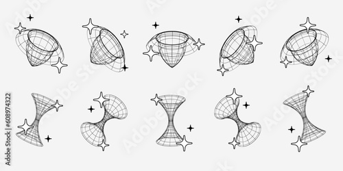 Trendy set of Y2K retro futurism elements, tunnels, 3d wireframe models, dimensional graphic design shapes.