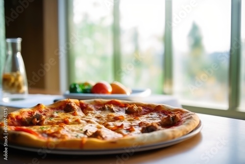 delicious pizza on restaurant table, near window , AI Generated