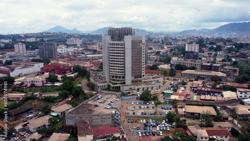Aerial, corporate office building in Yaoundé, capital of Cameroon, a developing country