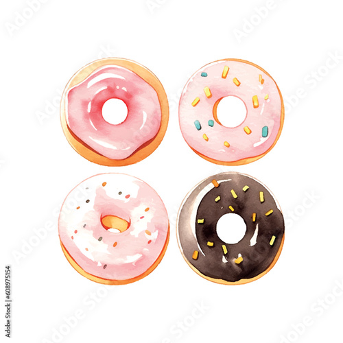 Collection of watercolor colorful donuts glazed illustration