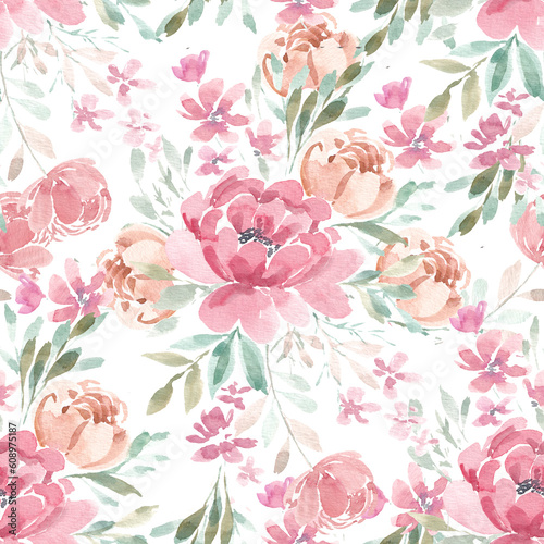 Red Peony Watercolor Flower Seamless Pattern