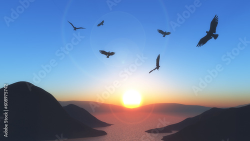 3D sunset landscape with birds flying in the sky