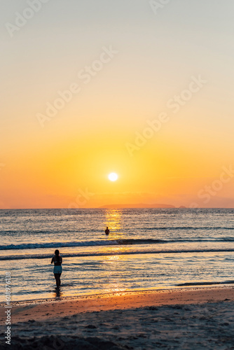 Peniche beach sunset in summer, Portugal. Golden hour. Holiday destination