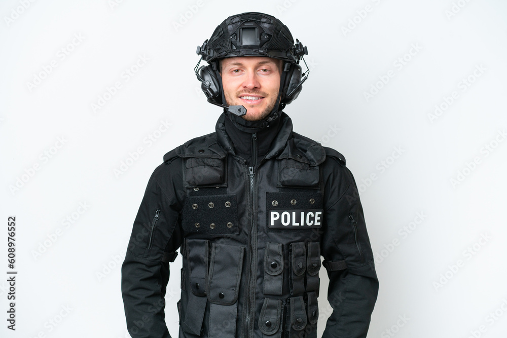 SWAT man over isolated white background laughing SWAT man over isolated white background laughing