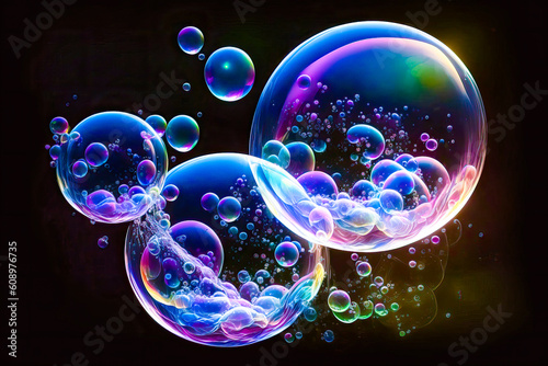 Flying soap bubbles isolated on black background. Ai generated