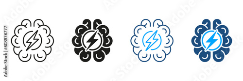 Human Brain with Lightning, Headache Black and Color Symbol Collection. Stress, Brainstorm, Mental Illness Concept Silhouette and Line Icons Set. Depression Pictogram. Isolated Vector Illustration