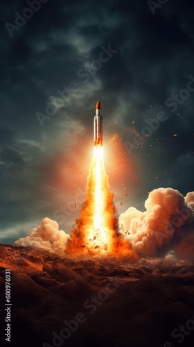 The rocket flies into space, the rocket rises up with a powerful flame. Generative AI