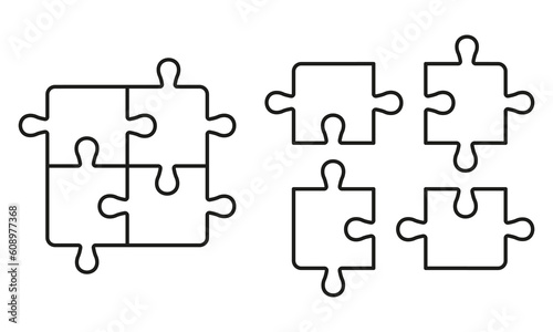 Unfinished Jigsaw Linear Pictogram. Puzzle Pieces Assemble and Disassemble. Teamwork, Strategy, Integration Outline Sign. Game Combination Line Icon Set. Editable Stroke. Isolated Vector Illustration