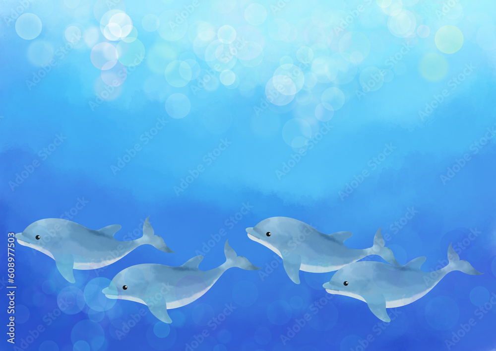 海中を泳ぐイルカの群れ/A group of dolphins swimming in the sea 海中を泳ぐイルカの群れ/A group of dolphins swimming in the sea